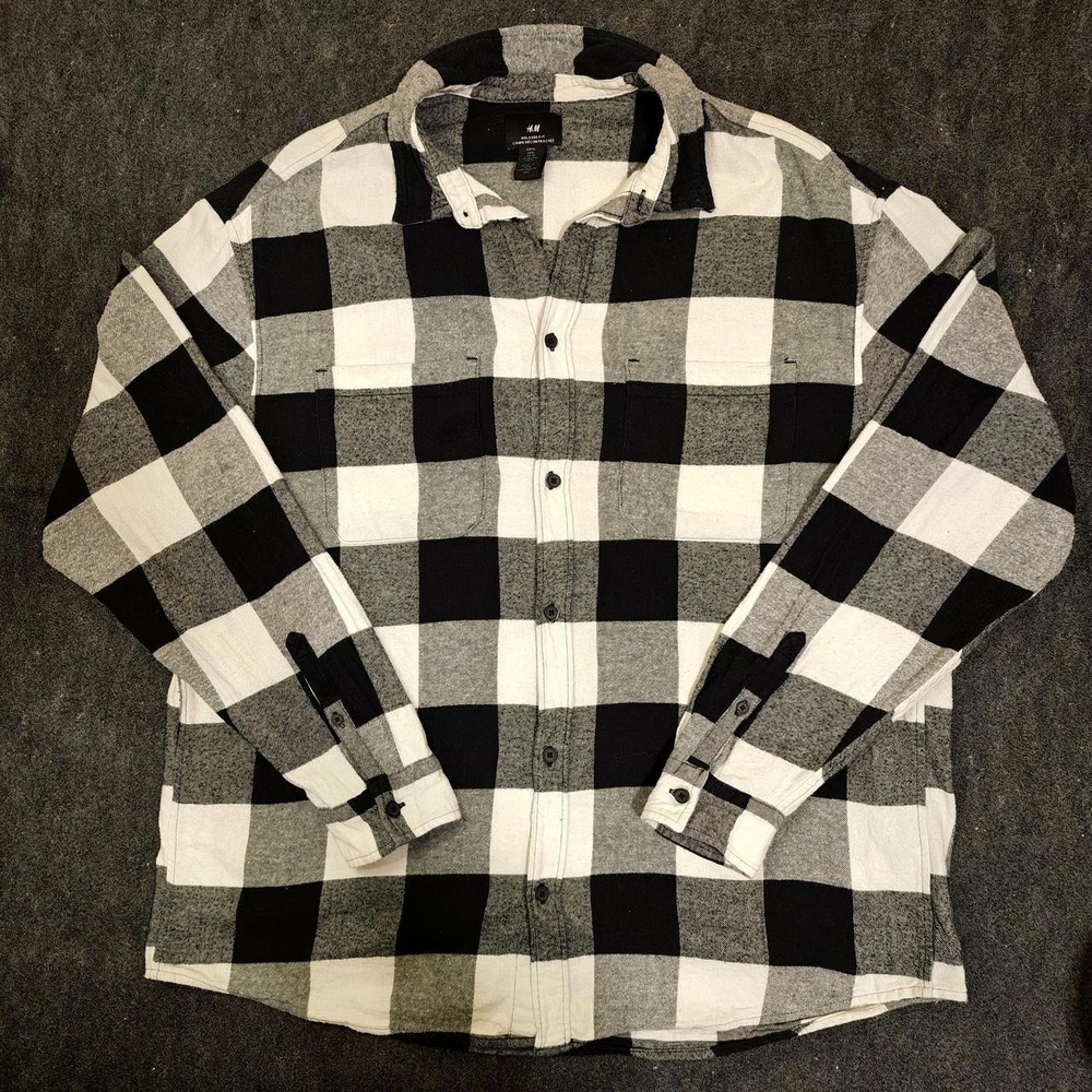H&M Mens Relaxed Fit Flannel Shirt Black White Buffalo Plaid XL 10328556
